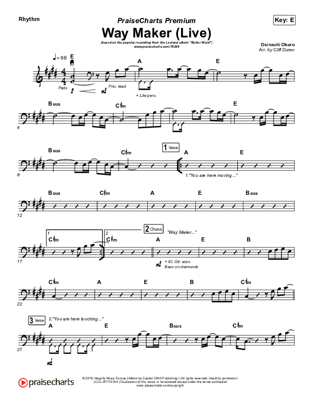 Way Maker (Choral Anthem SATB) Rhythm Chart (Leeland / Arr. Cliff Duren / Mason Brown)