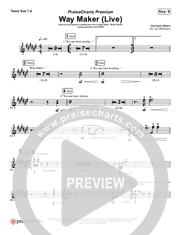 Way Maker (Choral Anthem SATB) Tenor Sax 1/2 (Leeland / Arr. Cliff Duren / Mason Brown)