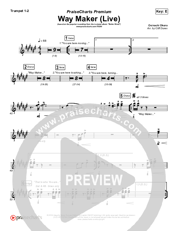 Way Maker (Choral Anthem SATB) Trumpet 1,2 (Leeland / Arr. Cliff Duren / Mason Brown)