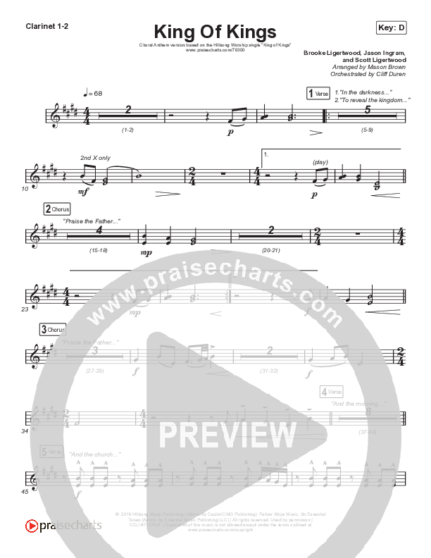 King Of Kings (Choral Anthem SATB) Clarinet 1/2 (Hillsong Worship / Arr. Cliff Duren / Mason Brown)