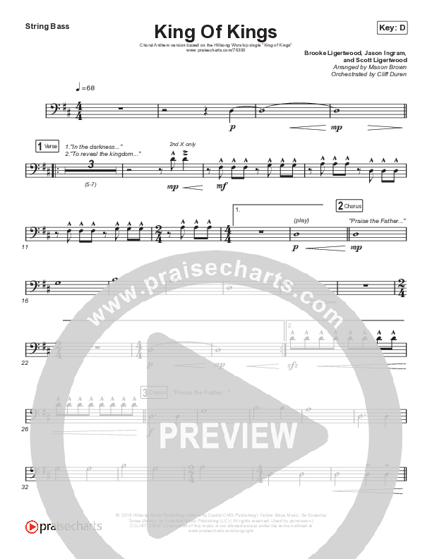 King Of Kings (Choral Anthem SATB) Double Bass (Hillsong Worship / Arr. Cliff Duren / Mason Brown)