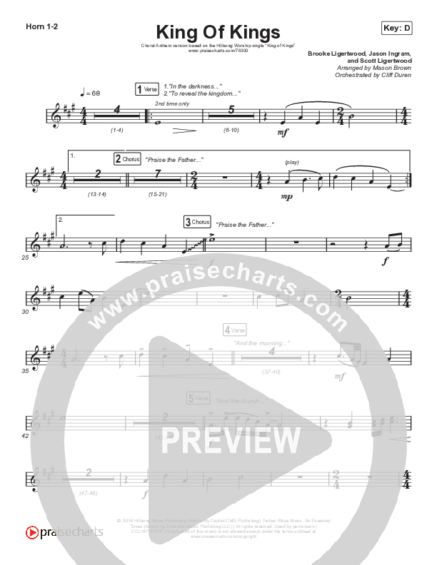 King Of Kings (Choral Anthem SATB) French Horn 1/2 (Hillsong Worship / Arr. Cliff Duren / Mason Brown)