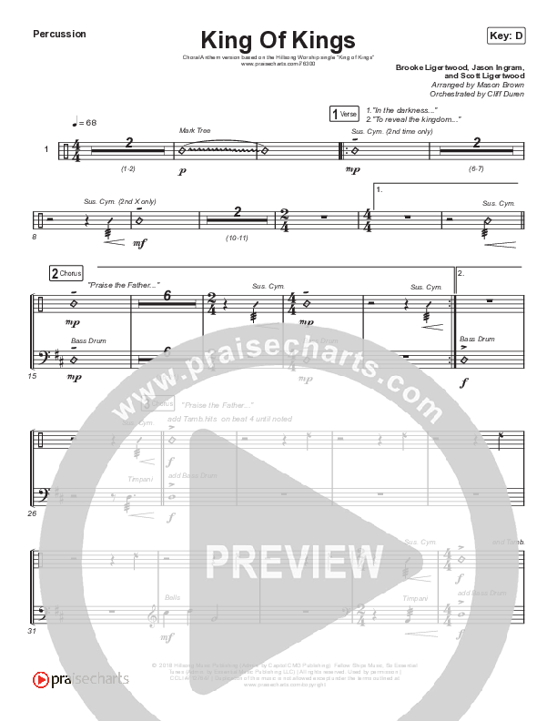 King Of Kings (Choral Anthem SATB) Percussion (Hillsong Worship / Arr. Cliff Duren / Mason Brown)