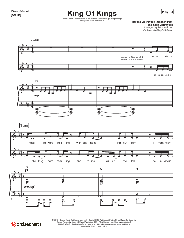 King Of Kings (Choral Anthem SATB) Piano/Vocal (SATB) (Hillsong Worship / Arr. Cliff Duren / Mason Brown)