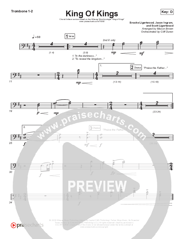 King Of Kings (Choral Anthem SATB) Trombone 1/2 (Hillsong Worship / Arr. Cliff Duren / Mason Brown)