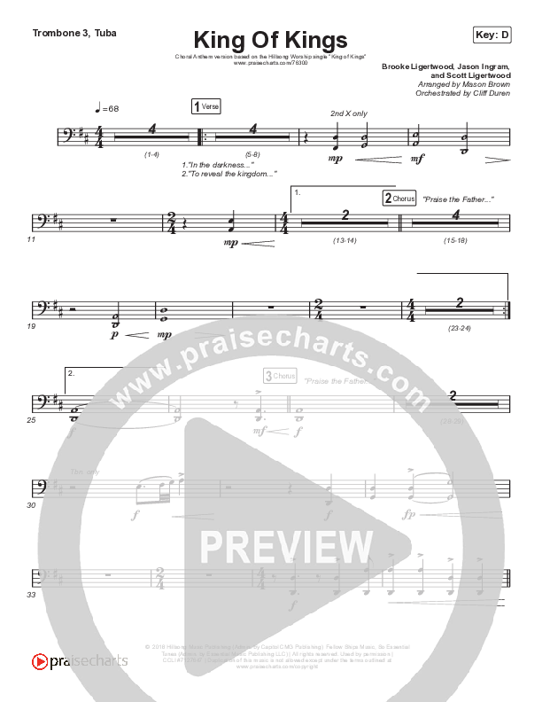 King Of Kings (Choral Anthem SATB) Trombone 3/Tuba (Hillsong Worship / Arr. Cliff Duren / Mason Brown)