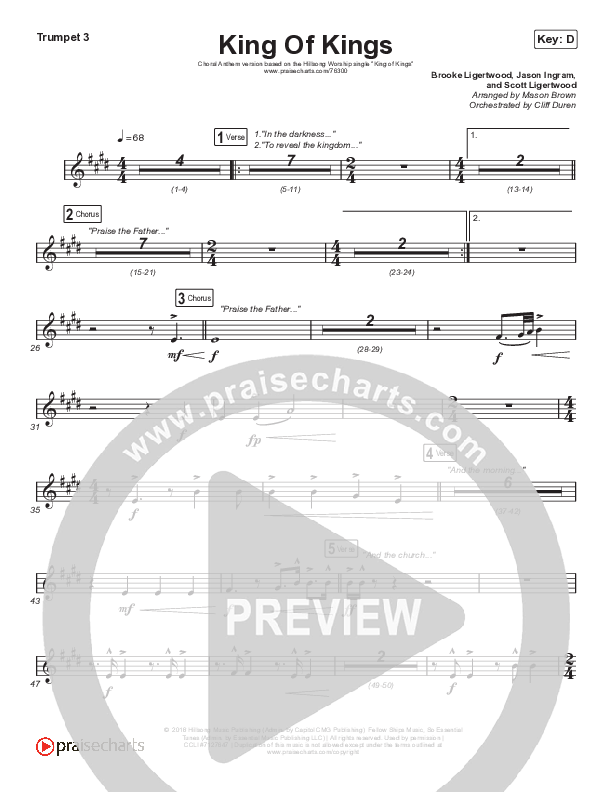 King Of Kings (Choral Anthem SATB) Trumpet 3 (Hillsong Worship / Arr. Cliff Duren / Mason Brown)