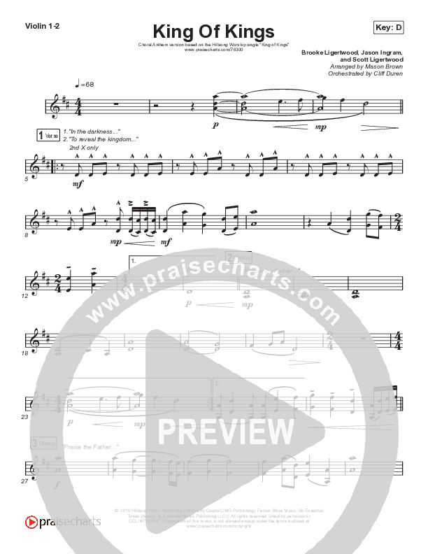 King Of Kings (Choral Anthem SATB) Violin 1/2 (Hillsong Worship / Arr. Cliff Duren / Mason Brown)