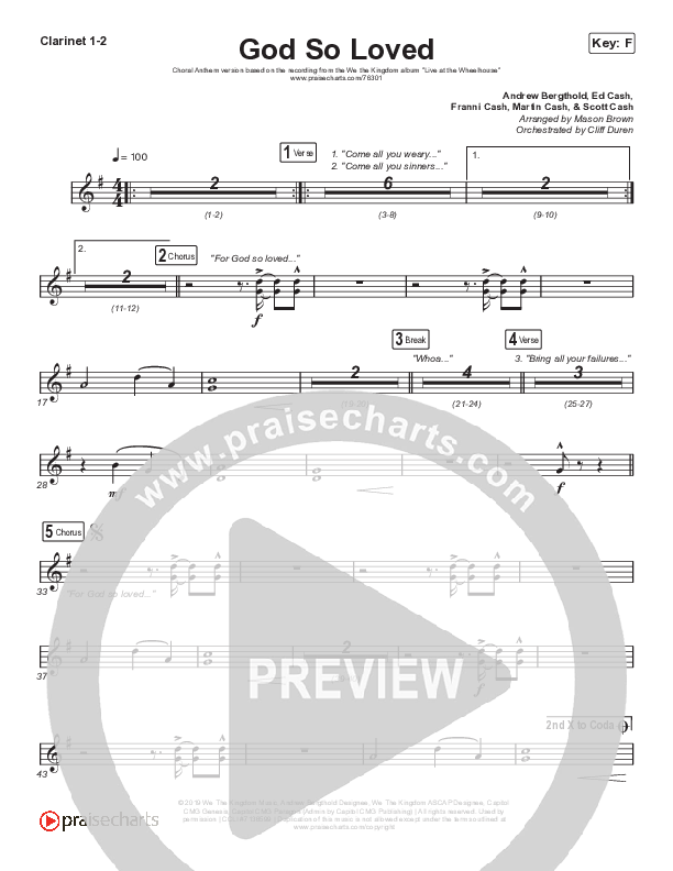 God So Loved (Choral Anthem SATB) Clarinet 1/2 (We The Kingdom / Arr. Cliff Duren / Mason Brown)