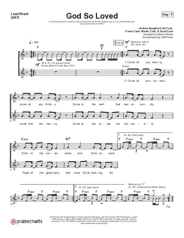 God So Loved (Choral Anthem SATB) Lead Sheet (SAT) (We The Kingdom / Arr. Cliff Duren / Mason Brown)