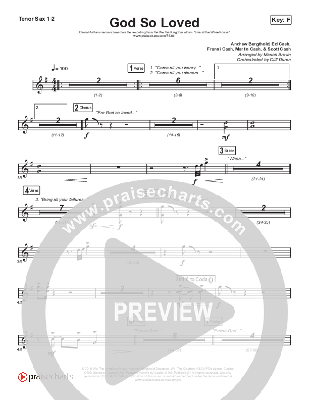 God So Loved (Choral Anthem SATB) Tenor Sax 1/2 (We The Kingdom / Arr. Cliff Duren / Mason Brown)