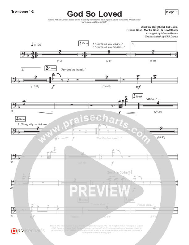 God So Loved (Choral Anthem SATB) Trombone 1/2 (We The Kingdom / Arr. Cliff Duren / Mason Brown)