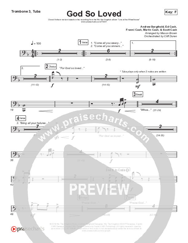 God So Loved (Choral Anthem SATB) Trombone 3/Tuba (We The Kingdom / Arr. Cliff Duren / Mason Brown)
