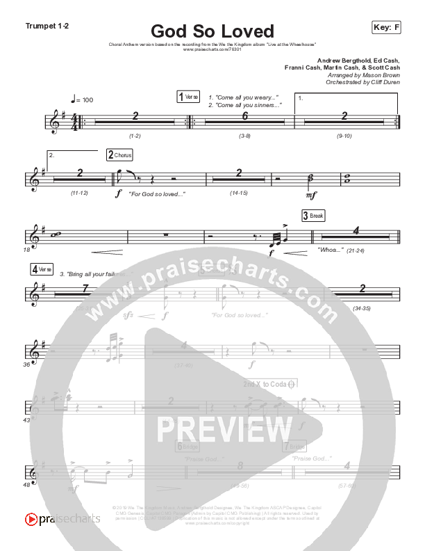 God So Loved (Choral Anthem SATB) Trumpet 1,2 (We The Kingdom / Arr. Cliff Duren / Mason Brown)