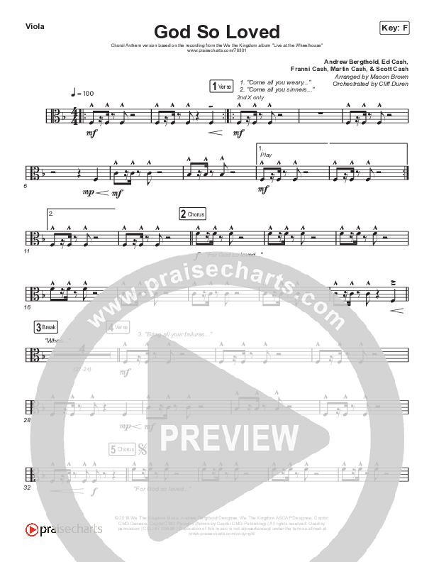 God So Loved (Choral Anthem SATB) Viola (We The Kingdom / Arr. Cliff Duren / Mason Brown)