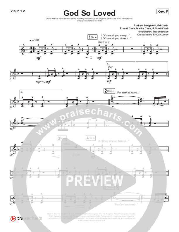God So Loved (Choral Anthem SATB) Violin 1/2 (We The Kingdom / Arr. Cliff Duren / Mason Brown)