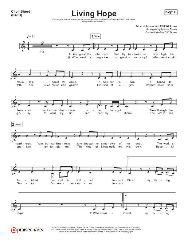 Living Hope (Choral Anthem SATB) Choir Sheet (SATB) (Phil Wickham / Arr. Cliff Duren / Mason Brown)