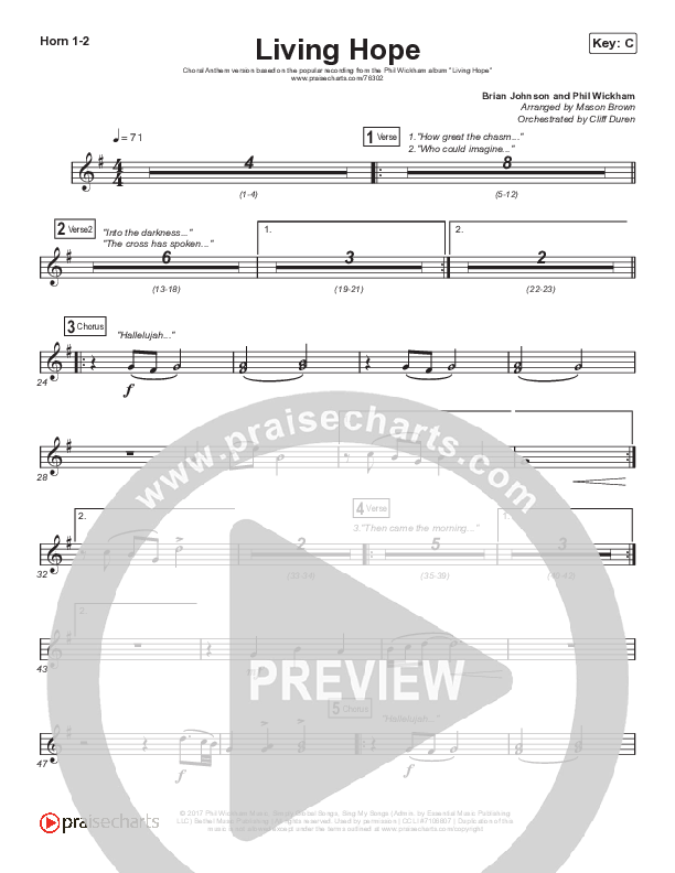 Living Hope (Choral Anthem SATB) French Horn 1/2 (Phil Wickham / Arr. Cliff Duren / Mason Brown)