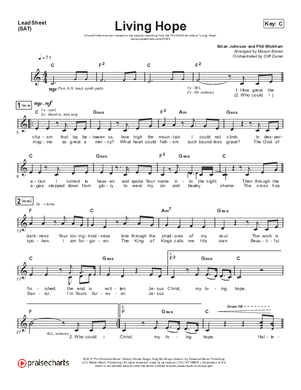 Living Hope (Choral Anthem SATB) Lead Sheet (SAT) (Phil Wickham / Arr. Cliff Duren / Mason Brown)