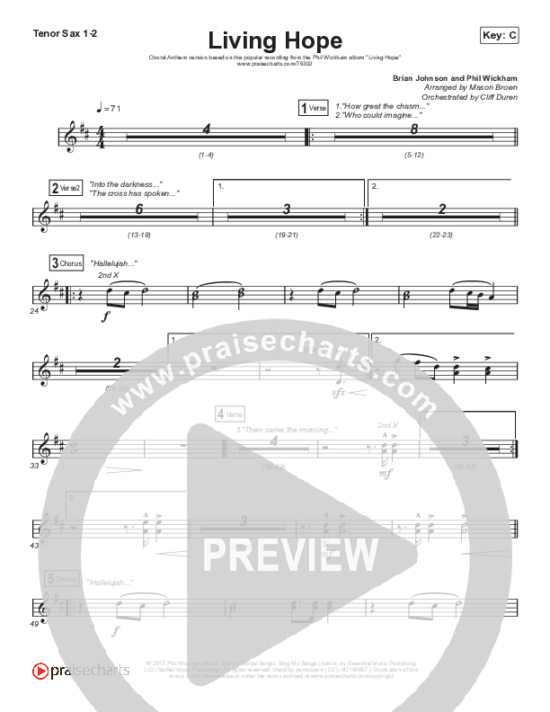 Living Hope (Choral Anthem SATB) Tenor Sax 1/2 (Phil Wickham / Arr. Cliff Duren / Mason Brown)