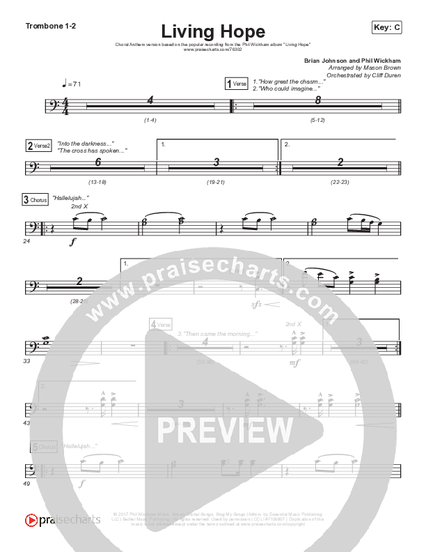 Living Hope (Choral Anthem SATB) Trombone 1/2 (Phil Wickham / Arr. Cliff Duren / Mason Brown)
