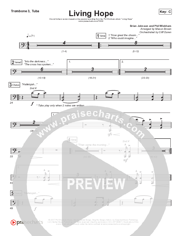 Living Hope (Choral Anthem SATB) Trombone 3/Tuba (Phil Wickham / Arr. Cliff Duren / Mason Brown)
