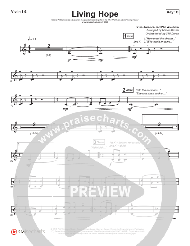 Living Hope (Choral Anthem SATB) Violin 1/2 (Phil Wickham / Arr. Cliff Duren / Mason Brown)