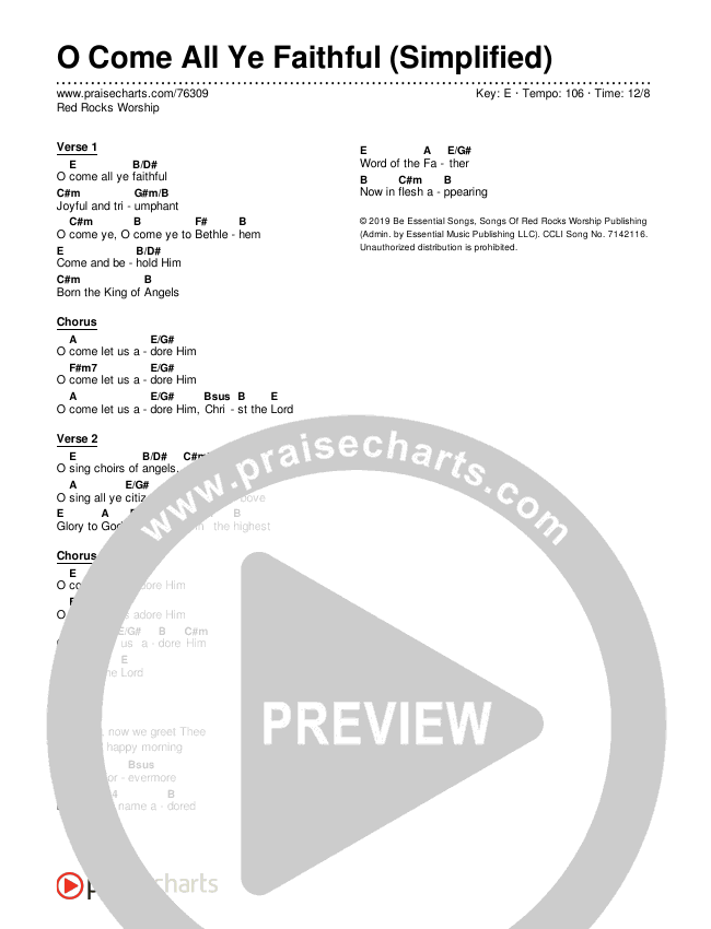 O Come All Ye Faithful (Simplified) Chord Chart (Red Rocks Worship)
