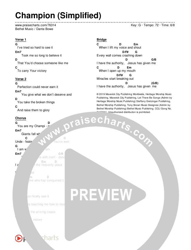 Champion (Simplified) Chord Chart (Bethel Music / Dante Bowe)