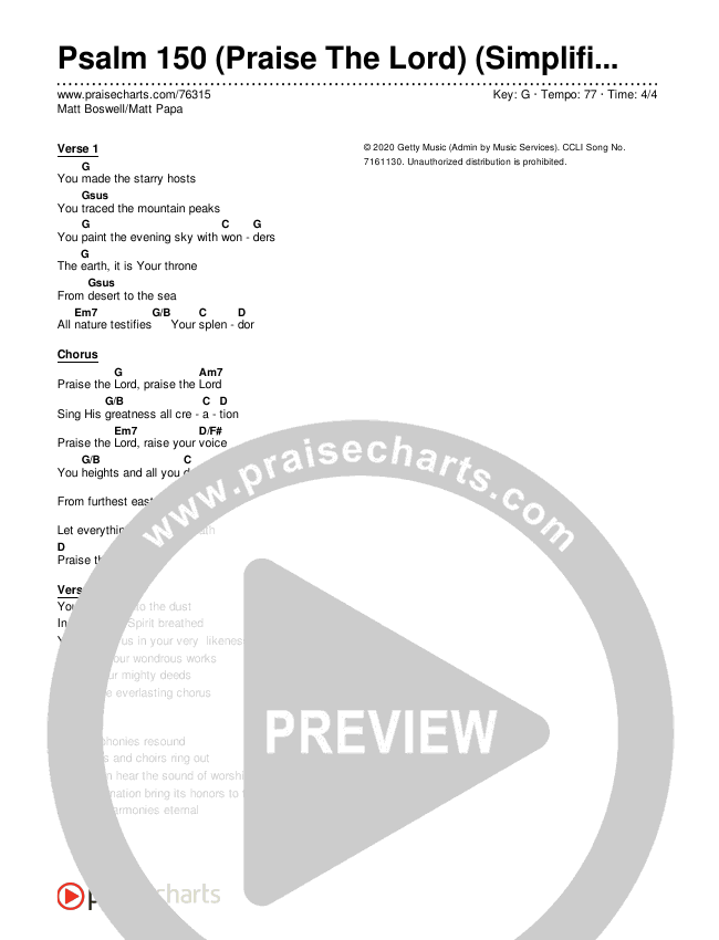 Psalm 150 (Praise The Lord) (Simplified) Chord Chart (Matt Boswell/Matt Papa)