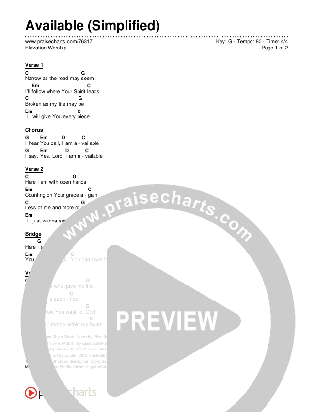 Available (Simplified) Chord Chart (Elevation Worship)