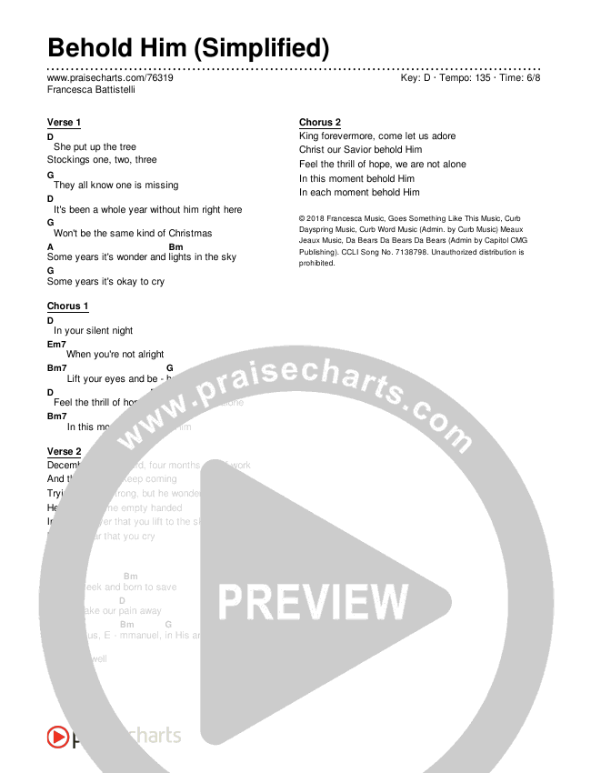 Behold Him (Simplified) Chord Chart (Francesca Battistelli)