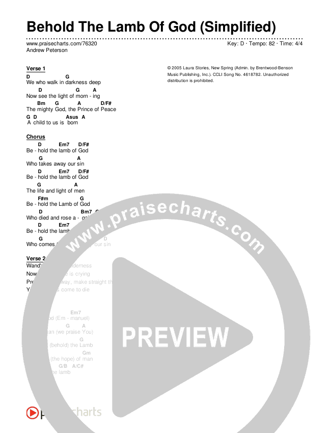 Behold The Lamb Of God (Simplified) Chord Chart (Andrew Peterson)