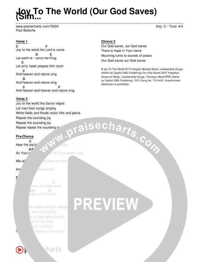 Joy To The World (Our God Saves) (Simplified) Chord Chart (Paul Baloche)