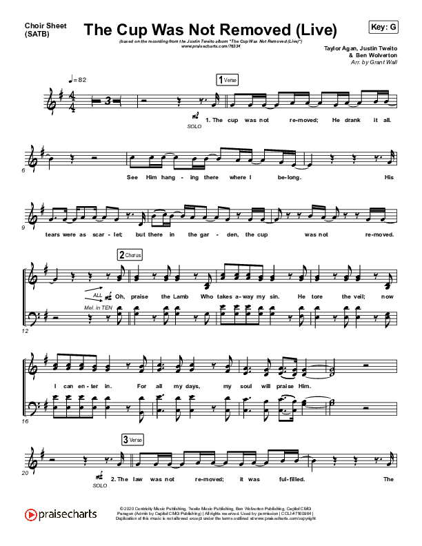 The Cup Was Not Removed (Live) Choir Sheet (SATB) (Justin Tweito / WorshipTogether)