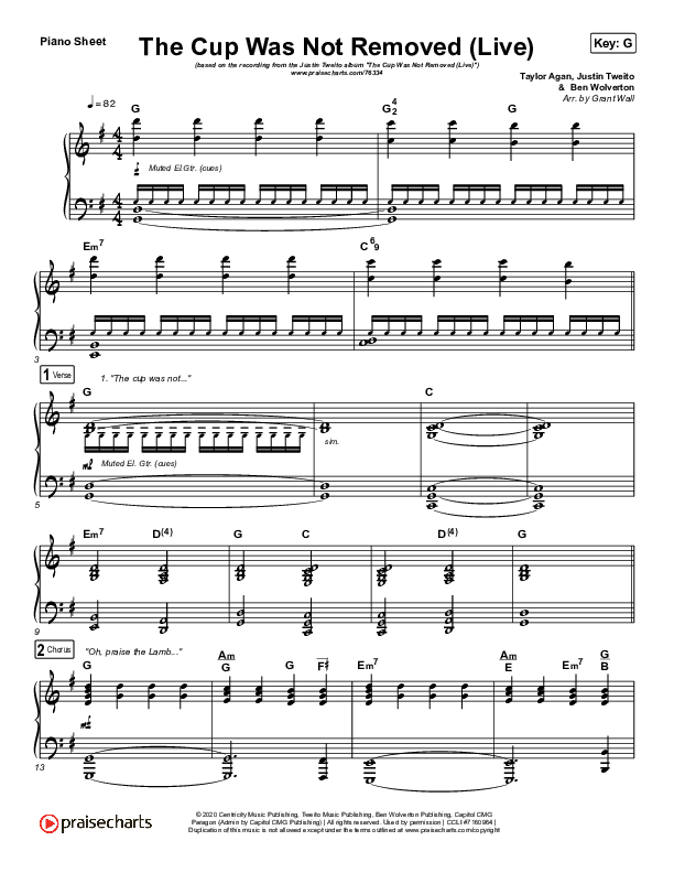 The Cup Was Not Removed (Live) Piano Sheet (Justin Tweito / WorshipTogether)
