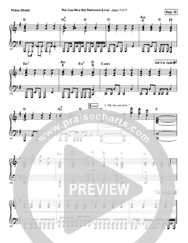 The Cup Was Not Removed (Live) Piano Sheet (Justin Tweito / WorshipTogether)