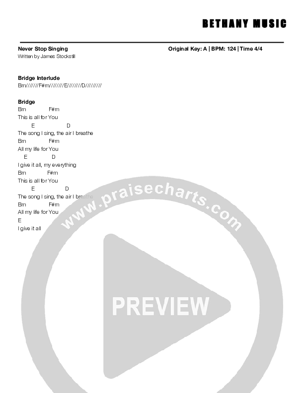 Never Stop Singing Chord Chart (Jonathan Stockstill)