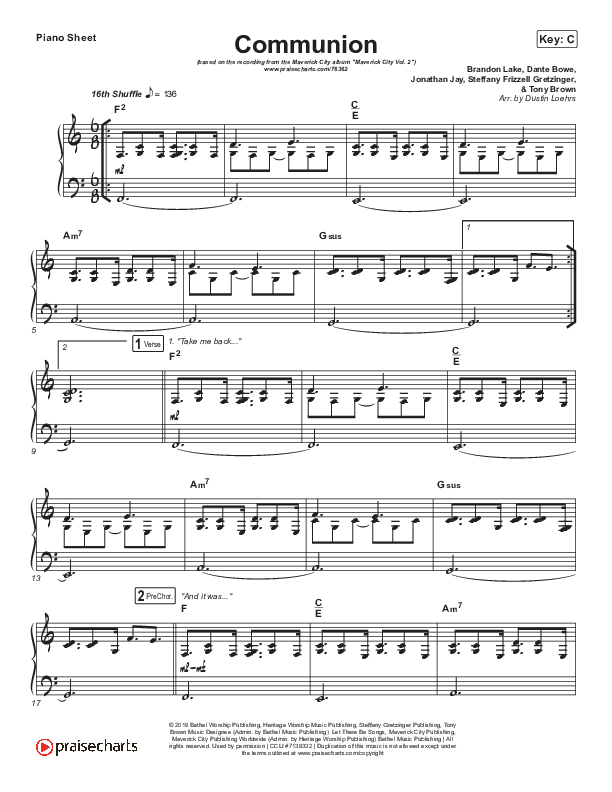 Communion Piano Sheet (Maverick City Music / Steffany Gretzinger / Brandon Lake)
