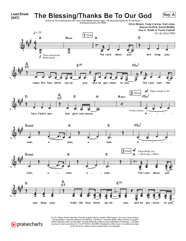 The Blessing / Thanks Be To Our God Lead Sheet (SAT) (Travis Cottrell / Skye Reedy / Worship Together)