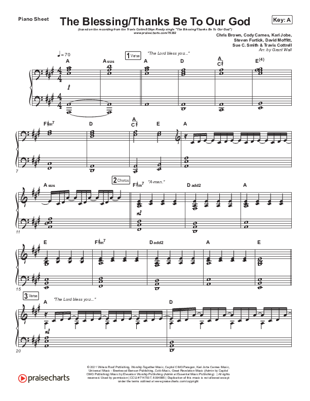 The Blessing / Thanks Be To Our God Piano Sheet (Travis Cottrell / Skye Reedy / Worship Together)