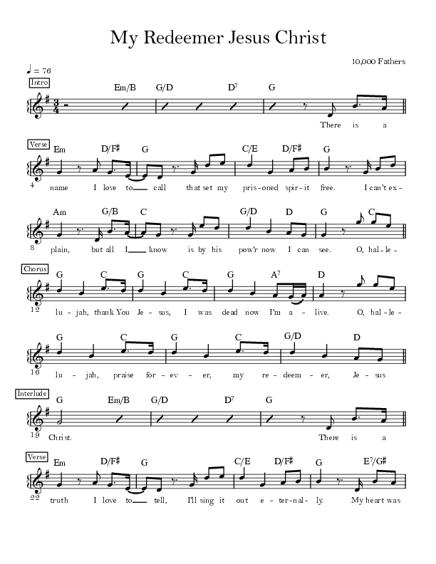 My Redeemer Jesus Christ (Live) Lead Sheet Melody (10000 Fathers / Micah Massey / Dee Wilson)