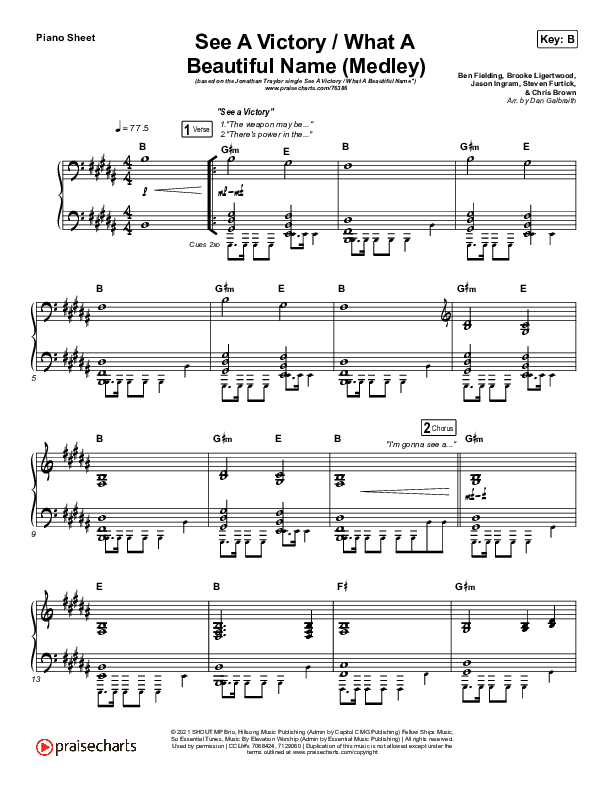See A Victory / What A Beautiful Name (Medley) Piano Sheet (Jonathan Traylor / Worship Together)