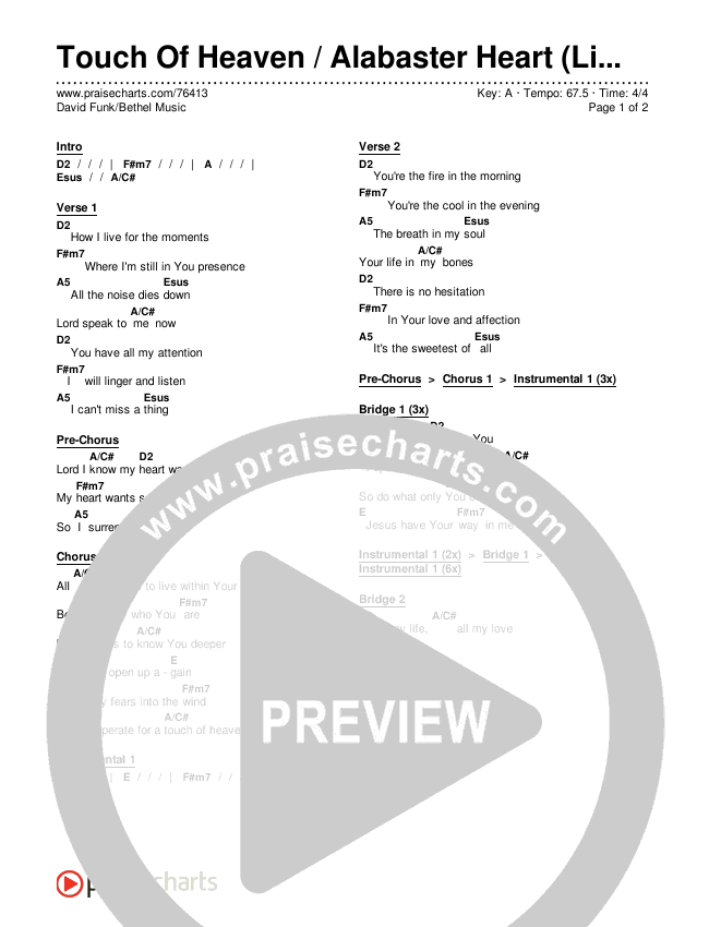 Touch Of Heaven / Alabaster Heart (Live) Chords & Lyrics (David Funk / Bethel Music)