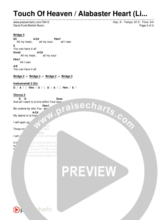 Touch Of Heaven / Alabaster Heart (Live) Chords & Lyrics (David Funk / Bethel Music)