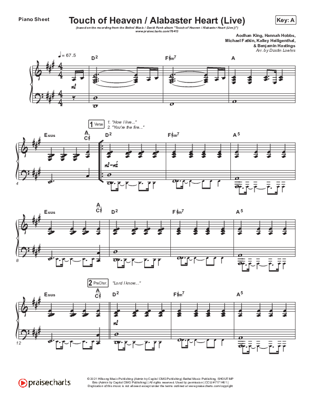 Touch Of Heaven / Alabaster Heart (Live) Piano Sheet (David Funk / Bethel Music)