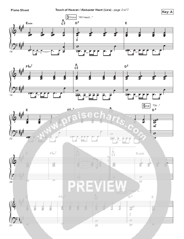 Touch Of Heaven / Alabaster Heart (Live) Piano Sheet (David Funk / Bethel Music)
