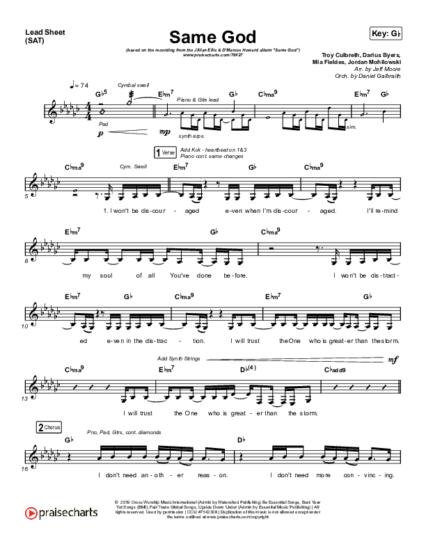 Same God Lead Sheet (SAT) (Cross Worship / Jillian Ellis / D'Marcus Howard)