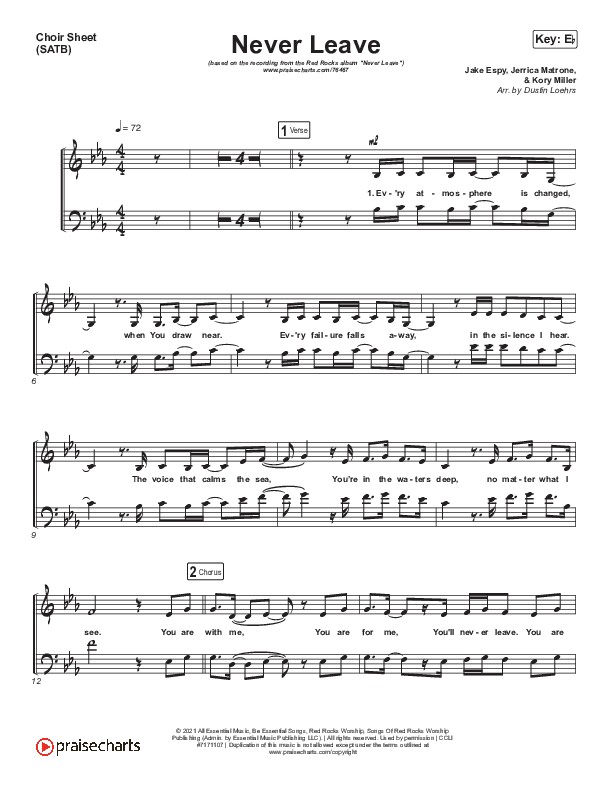 Never Leave Choir Sheet (SATB) (Red Rocks Worship)