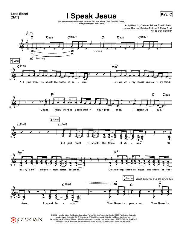 I Speak Jesus Lead Sheet (SAT) (Here Be Lions)